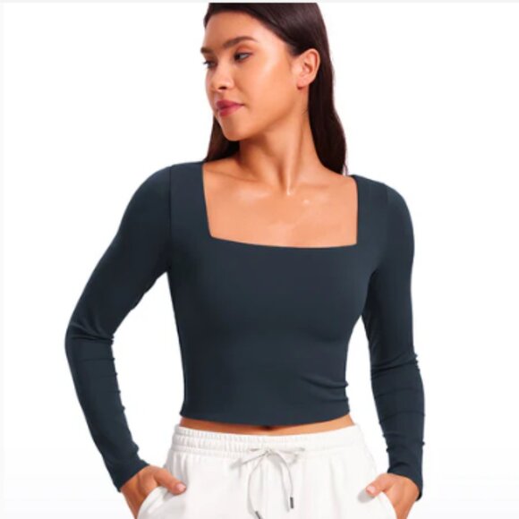 NWT CRZ YOGA True Navy #2 Butterluxe Lined Cropped Long Sleeves Square Neck Cute - Picture 1 of 4